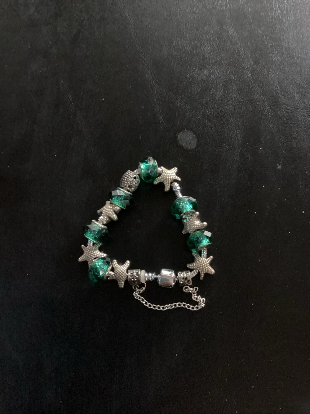 Silver Starfish Bracelet with Emerald Green Beads